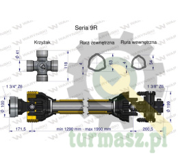 Wał, przegubowo-teleskopowy 1290-1990mm 1890Nm Z6 - 1 3/4 z drugiej strony sprzęgło cierne 2500Nm CE 2020 seria 9R, Waryński