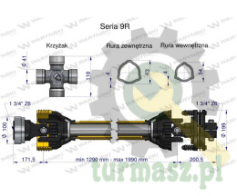 Wał, przegubowo-teleskopowy 1290-1990mm 1890Nm Z6 - 1 3/4 z drugiej strony sprzęgło cierne 2500Nm Z6 - 1 3/4 CE 2020 seria 9R, W