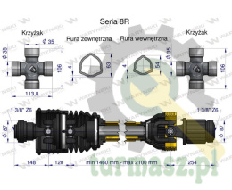 Wał, przegubowo-teleskopowy 1460-2100mm 1240Nm szerokokątny z drugiej strony sprzęgło zapadkowe 1700Nm CE 2020 seria 8R, Waryńsk