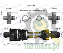 Wał, przegubowo-teleskopowy 1460-2100mm 830Nm szerokokątny z drugiej strony sprzęgło zapadkowe 1500Nm CE 2020 seria 6R, Waryński