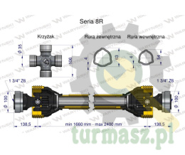 Wał, przegubowo-teleskopowy 1660-2400mm 1240Nm Z6 - 1 3/4 z dwóch stronCE 2020 seria 8R, Waryński