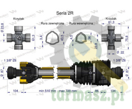 Wał przegubowo-teleskopowy 510-720mm 270Nm szerokokątny CE 2020 seria 2R WARYŃSKI