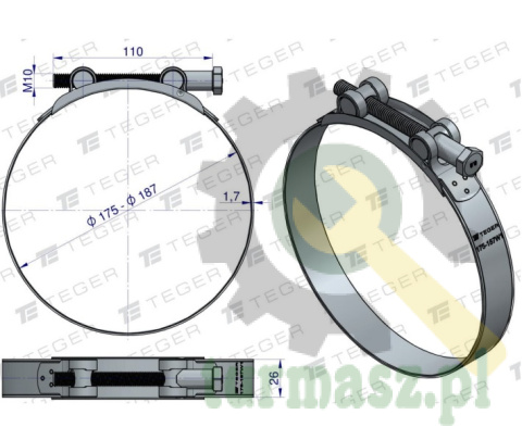 Opaska zaciskowa GBS 175-187 (obejma W1 - stal ocynkowana) szerkość 26mm TEGER ( sprzedawane po 5 )