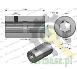 Tuleja, WOM łącząca frezowana 100mm Z6 - 1 1/8, Waryński