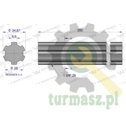 Wałek, WOM frezowany całościowo 250mm Z6 - 1 3/8, Waryński