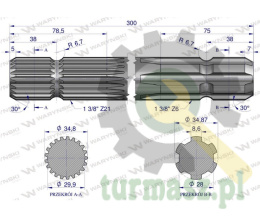 Wałek, WOM frezowany dwustronnie 300mm Z21 - 1 3/8 na Z6 - 1 3/8, Waryński