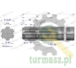 Wałek, WOM frezowany jednostronnie 150mm Z6 - 1 3/8, Waryński