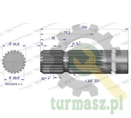 Wałek, WOM frezowany jednostronnie 300mm Z21 - 1 3/8, Waryński