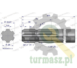 Wałek, WOM frezowany jednostronnie 400mm Z6 - 1 3/8, Waryński