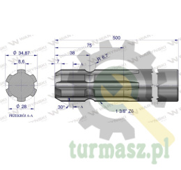 Wałek, WOM frezowany jednostronnie 500mm Z6 - 1 3/8, Waryński