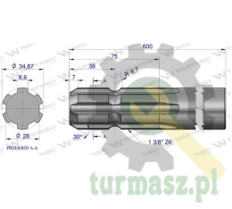 Wałek, WOM frezowany jednostronnie 600mm Z6 - 1 3/8, Waryński