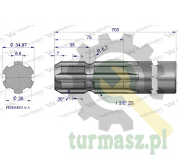 Wałek, WOM frezowany jednostronnie 700mm Z6 - 1 3/8, Waryński