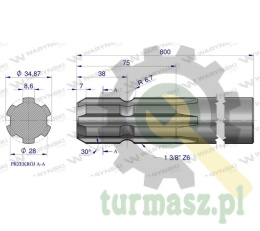 Wałek, WOM frezowany jednostronnie 800mm Z6 - 1 3/8, Waryński