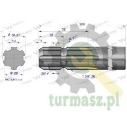 Wałek, WOM frezowany jednostronnie 900mm Z6 - 1 3/8, Waryński